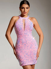 Vestido de lentejuelas rosa sin espalda