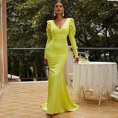 Vestido de noche elegante estilo Hepburn con escote en V y manga larga para dama