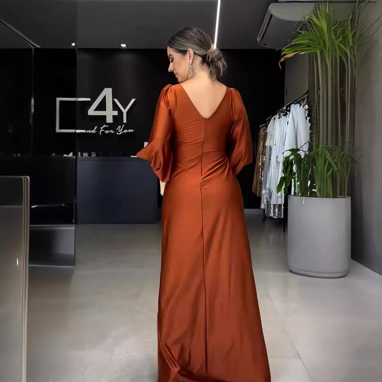 Collar Solid Color Long Sleeve Slim Fit Slit Noble Dress