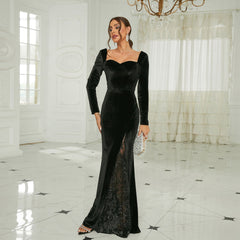 Elegante vestido de noche de terciopelo con cuello cuadrado y mangas largas para dama de honor, ideal para reuniones anuales.