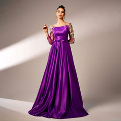 Vestido de noche de dama de honor de primera calidad con escote cuadrado, manga larga, apliques de cóctel, cintura controlada y dobladillo grande