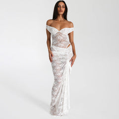 Lace off Shoulder Jumpsuit High Waist Dress See through Set
