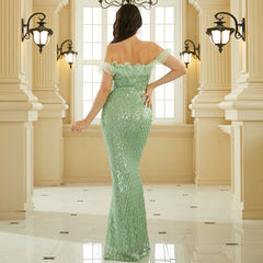 Sleeveless Elegant Long Sequined off Neck Backless Dress Bridesmaid Dress