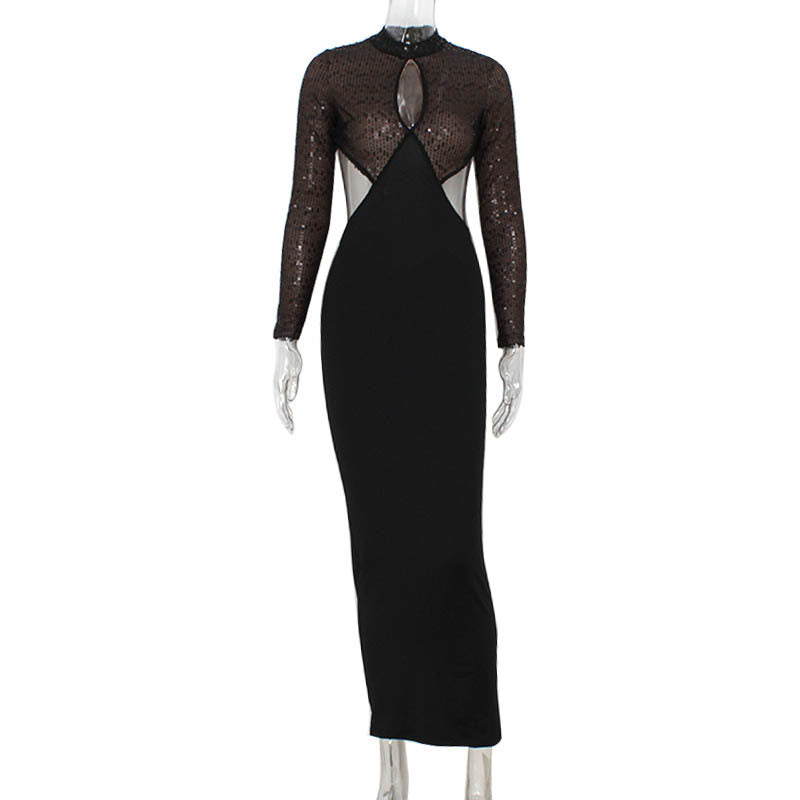 Vestido ajustado a la cadera con espalda descubierta y corte calado con costuras de lentejuelas para club nocturno