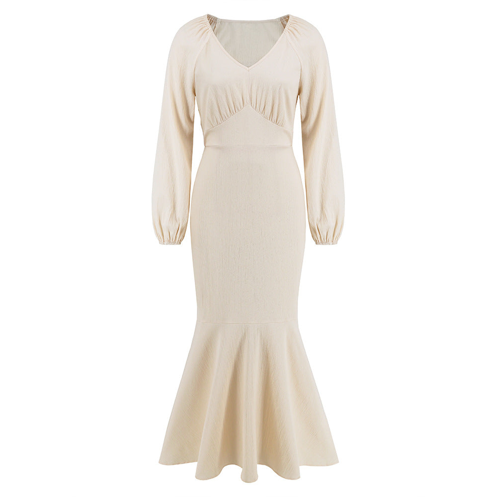 V Neck Long Sleeved Fishtail Dress Waist Slimming Slim Maxi Dress