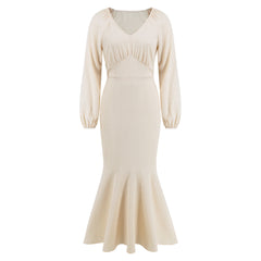 V Neck Long Sleeved Fishtail Dress Waist Slimming Slim Maxi Dress