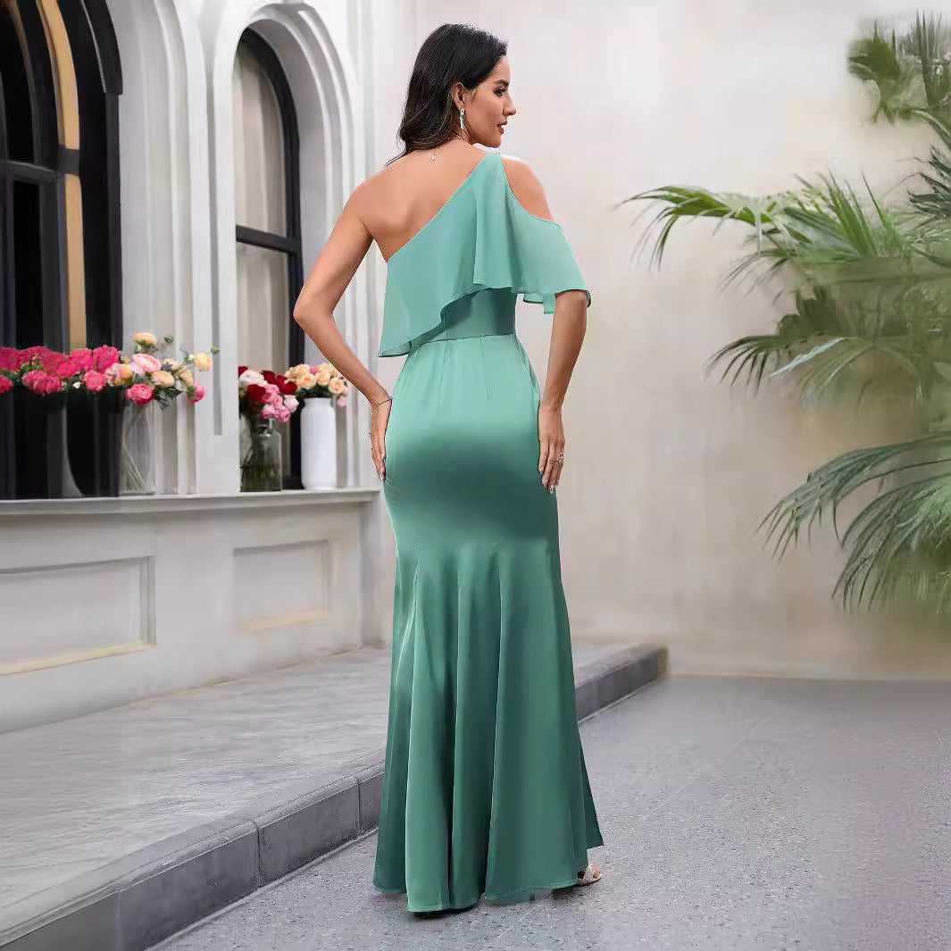 Diagonal Collar off the Shoulder Dress Solid Color Waist Tight Elegant Graceful Dress High Slit Maxi Dress