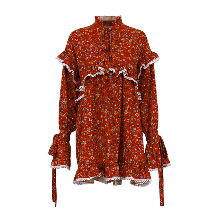 Printed Dress Flared Sleeves Lace up