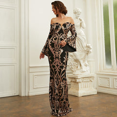 Long Sleeved Elegant Tight Long Sequined Slim Fit Off Neck Annual Party Evening