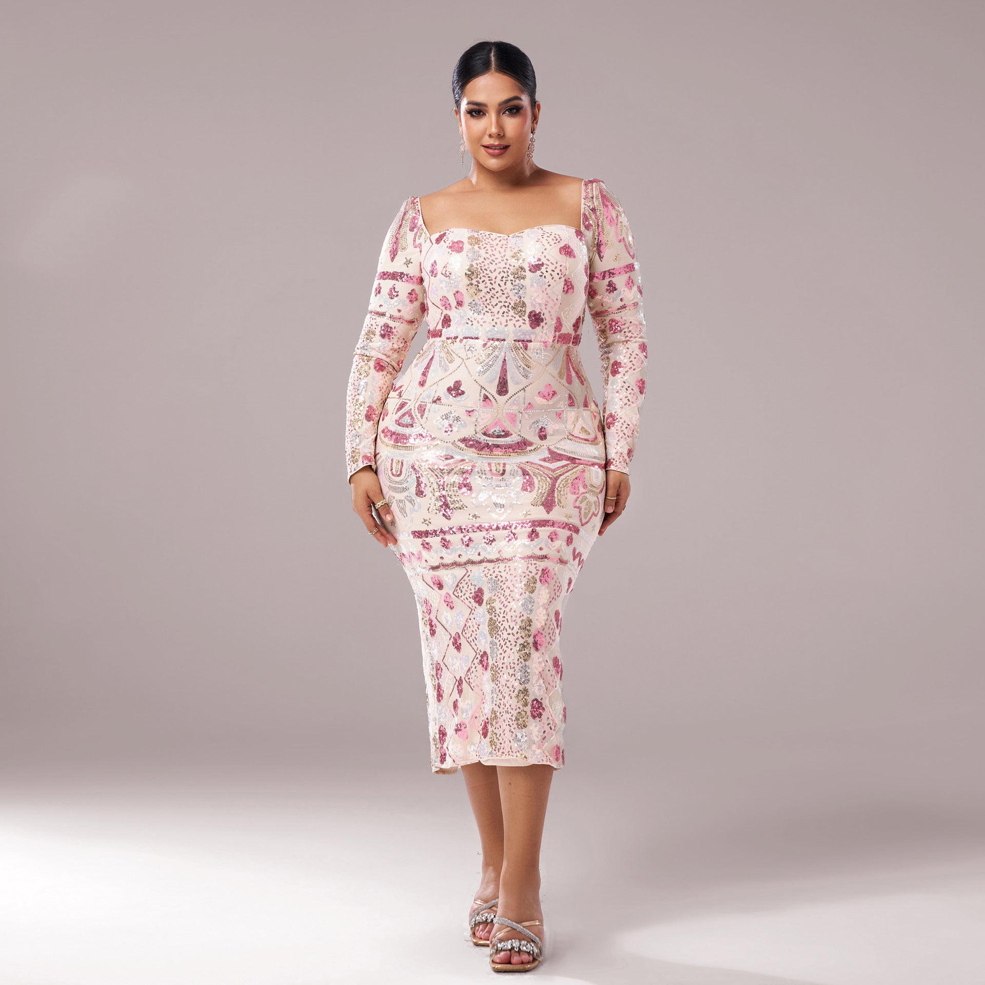 High End Long Sleeve Square Collar Mid Length to Long Sequined Cocktail Evening Dress Bridesmaid Dress