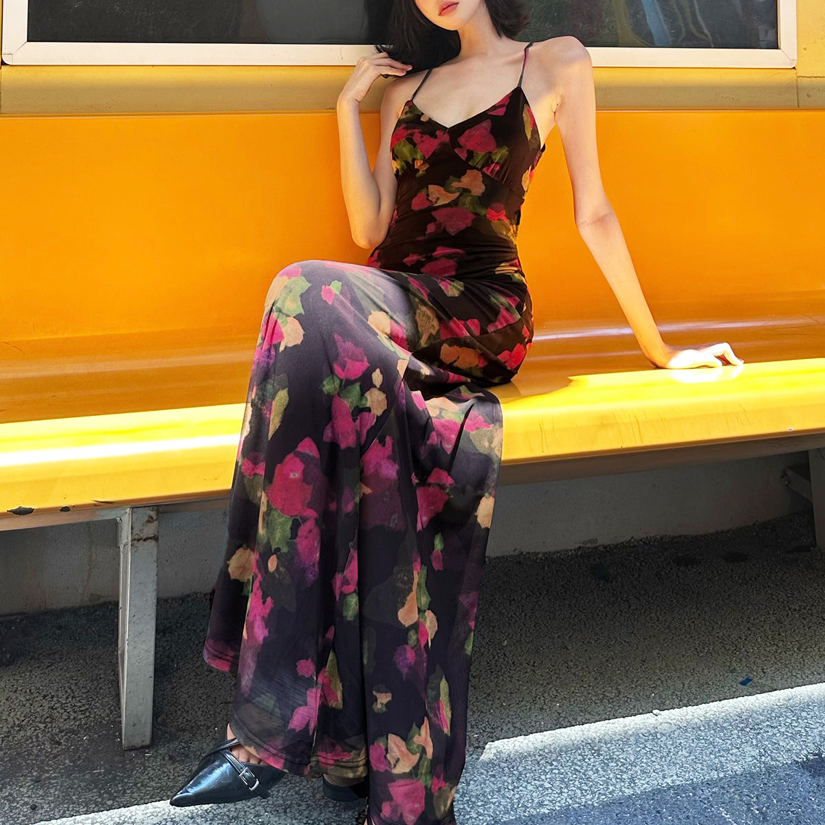 Colorful floral pattern fitted fishtail maxi dress