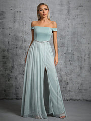Vestido de noche de fiesta con hombros descubiertos y abertura entallada, elegante, para adultos