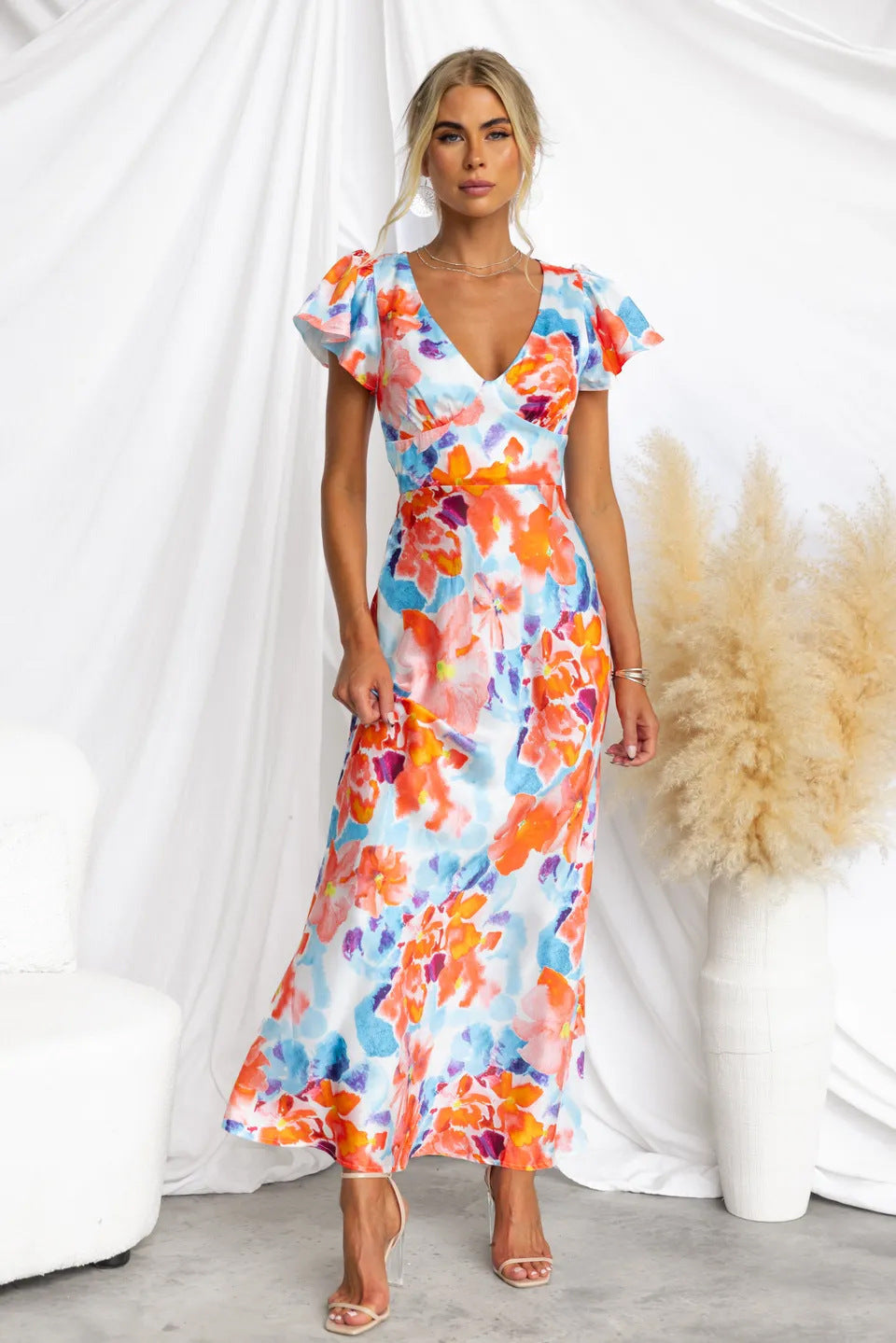 Floral Fresh Sweet V neck Lotus Leaf Sleeve Mid Length Dress