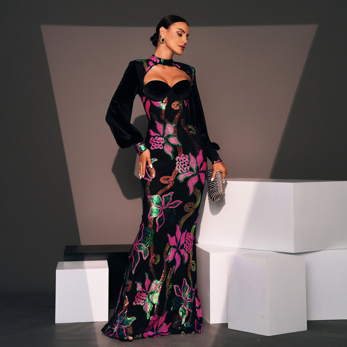 Long Sleeve Crew Neck Cutout Long Sequined Cocktail Evening Dress Bridesmaid