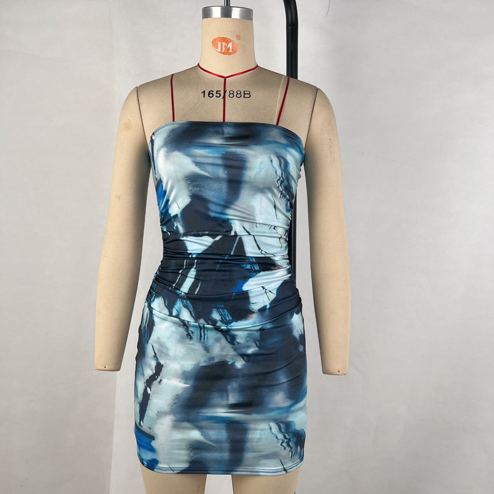 Printed Off Neck Tube Top Cinched Waist Sheath Dress Club Wear