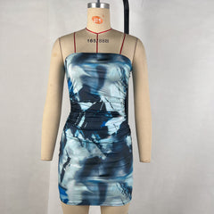 Printed Off Neck Tube Top Cinched Waist Sheath Dress Club Wear