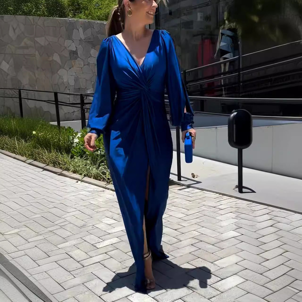 Collar Solid Color Long Sleeve Slim Fit Slit Noble Dress