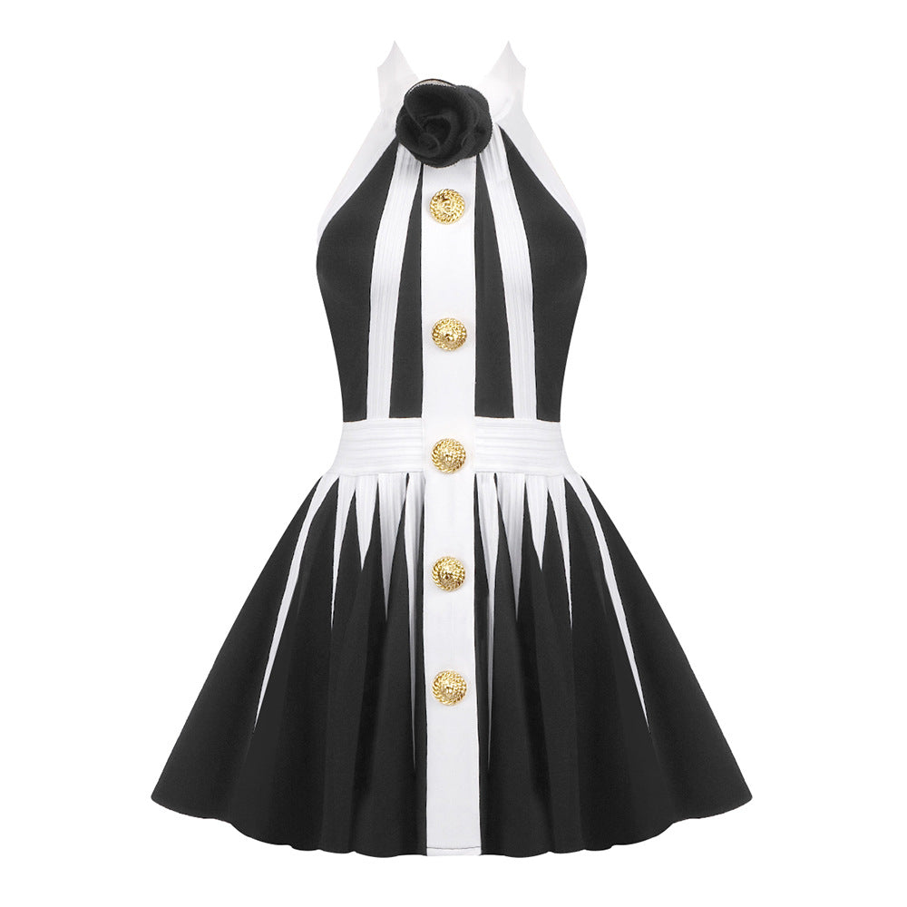 Vestido tipo chaleco con cuello halter francés, adelgazante y de expansión, sin mangas, de punto jacquard.