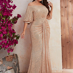 Plus Size Dress Sequin Off The Shoulder Short Sleeve Prom Evening Dress Fishtail Dress