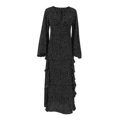 Cuello en V retro, mangas abullonadas, lunares, todo a juego, manga larga, volantes, elegante, corte entallado, adelgazante