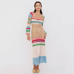 Colorful Contrast Color U Collar Hollow Out Cutout Long-Sleeved Knitted Dress