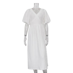 V neck Short Sleeve Lace up Dress French Office Solid Color Dress