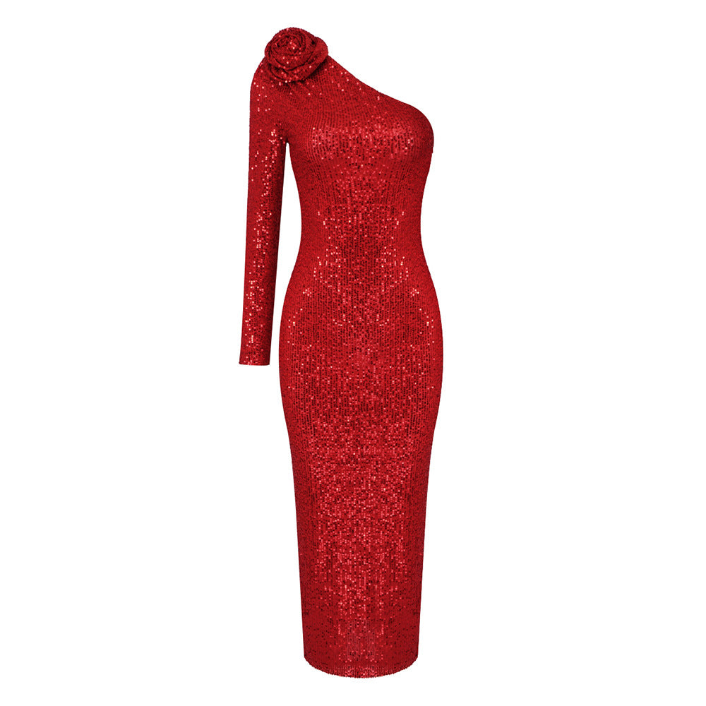 Vestido formal rojo navideño tridimensional con un solo hombro floral y lentejuelas, vestido elástico de invierno