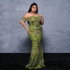 Vestido de noche de cóctel con lentejuelas y escote alto y largo, talla grande