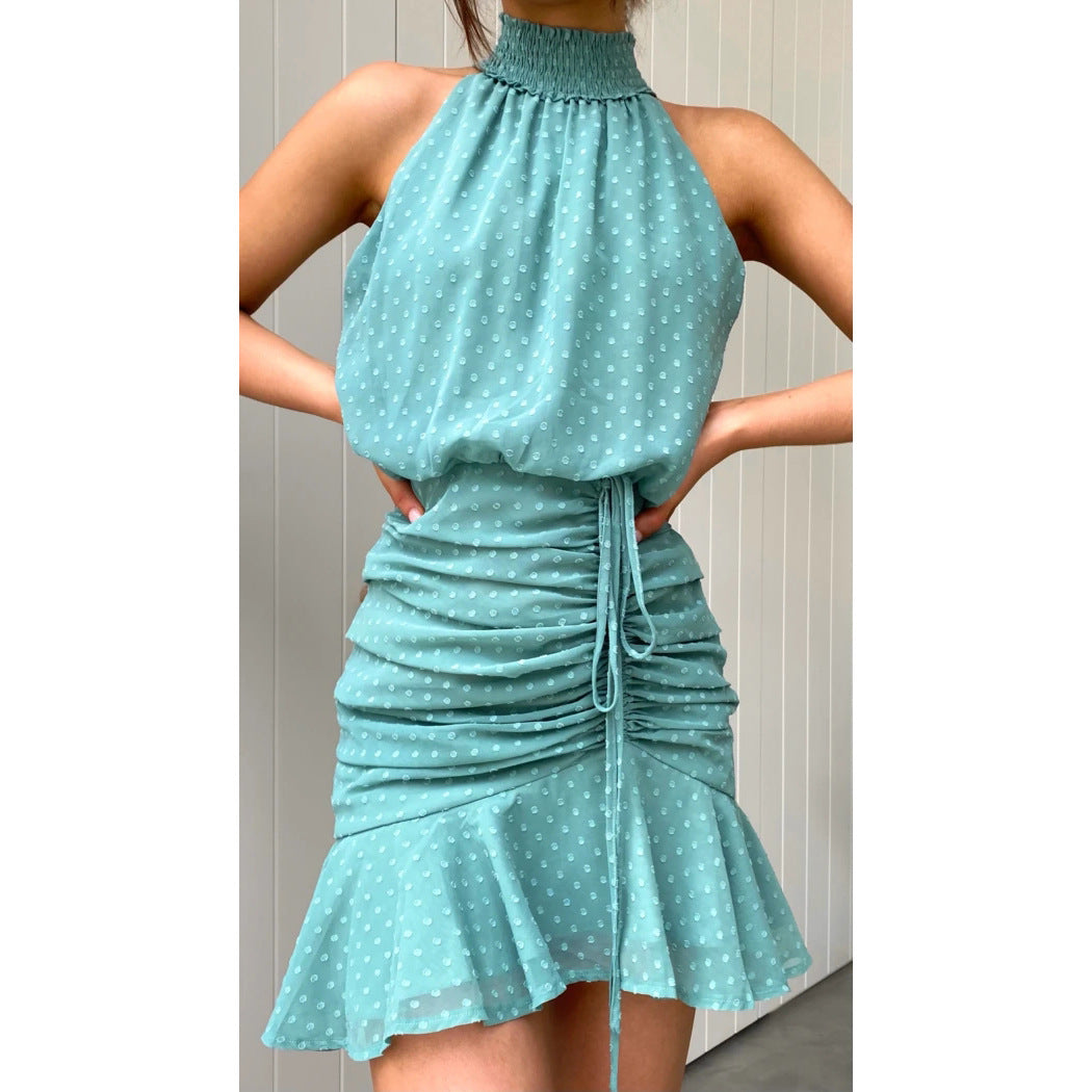 Fresh Sweet Drawstring Halter Chiffon Dress