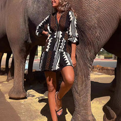 Positioning Printing Long Sleeve V neck Swing Dress