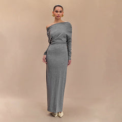 Vestido largo ajustado de color liso con cuello diagonal, hombros caídos, manga larga y cintura alta