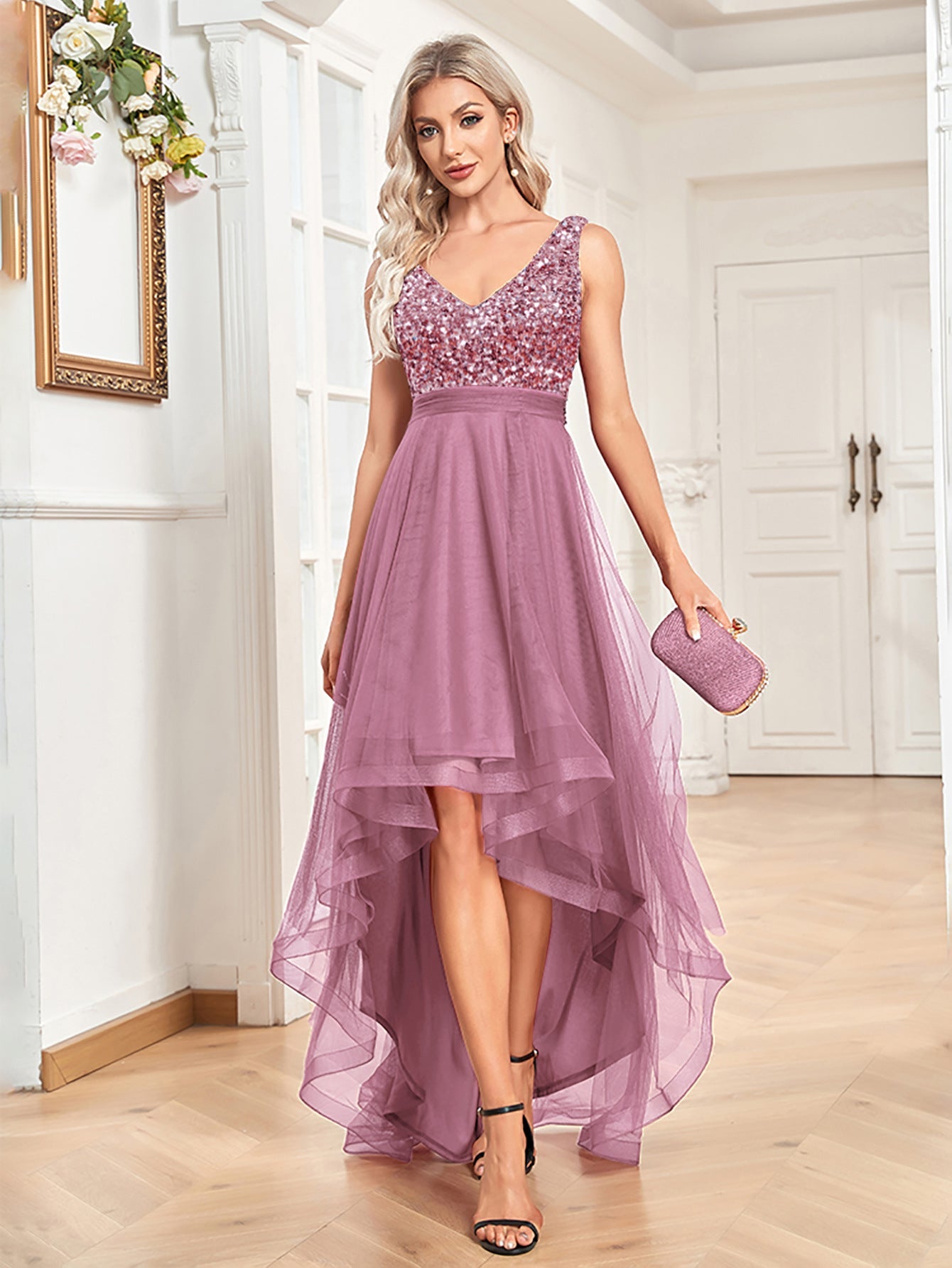 Vestido de dama de honor de gasa con escote en V doble, sin mangas, corte A, dobladillo grande, costura de lentejuelas, vestido de noche