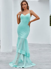 V Neck Sleeveless Formal Elegant Lace Slim Bodycon Cami Maxi Tiered Dress