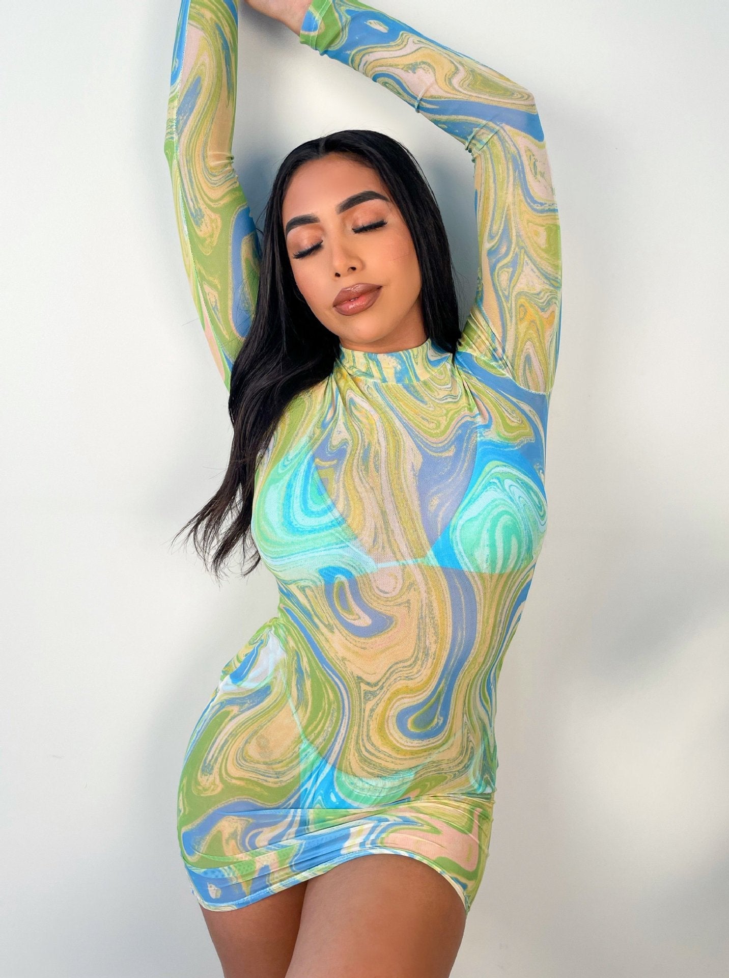 Sheer Mesh Long Sleeve Dress Mesh Floral Print Slim Long Sleeve Dress