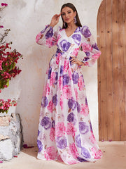 Printed Dress Chiffon V Neck Printed Puff Sleeve Long Sleeve Dress