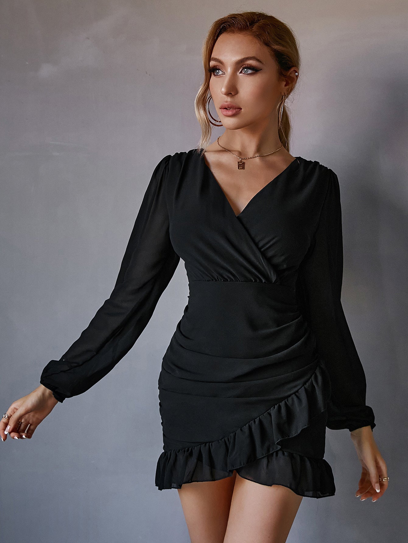 Fall V Neck Long Sleeve Dress Multi Color Hip Lotus Leaf Dress
