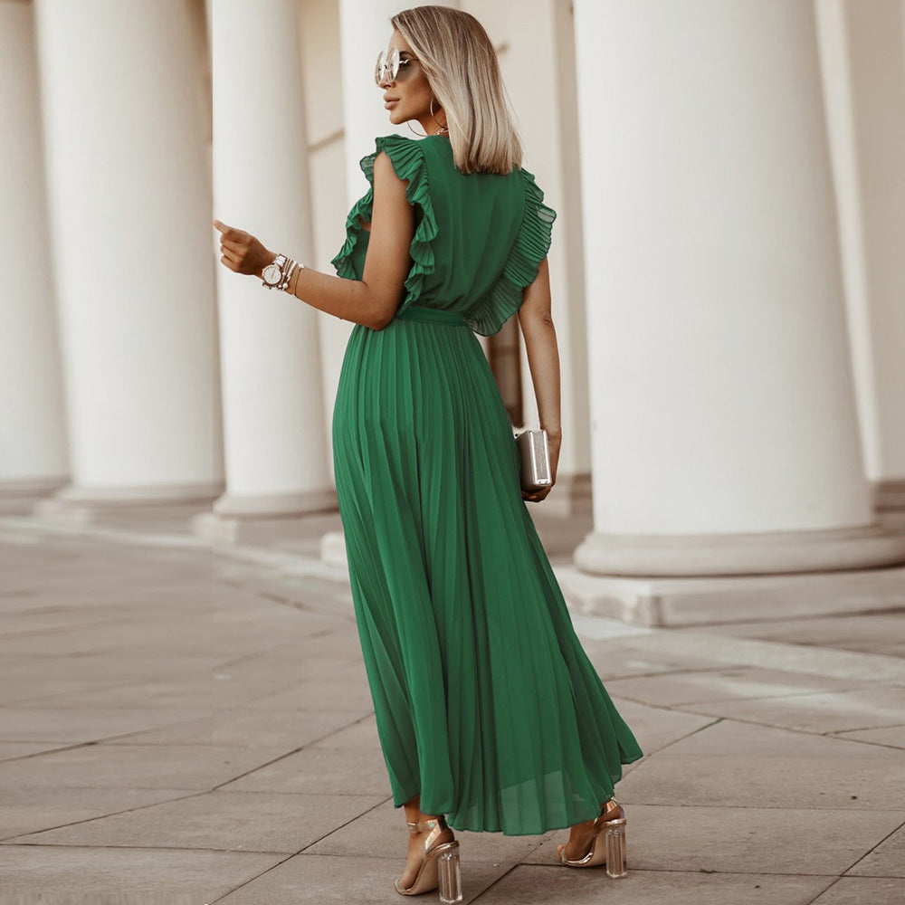 Elegant Beach DressSlim Fit Ruffle Sleeve Chiffon Pleated Solid Color Dress