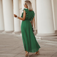 Elegant Beach DressSlim Fit Ruffle Sleeve Chiffon Pleated Solid Color Dress