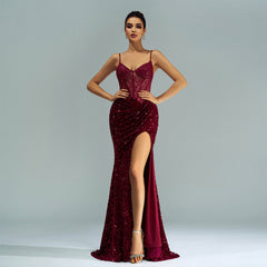 Vestido de noche de alta gama con tirantes finos, sin mangas, con lentejuelas y abertura alta en la cadera para dama de honor