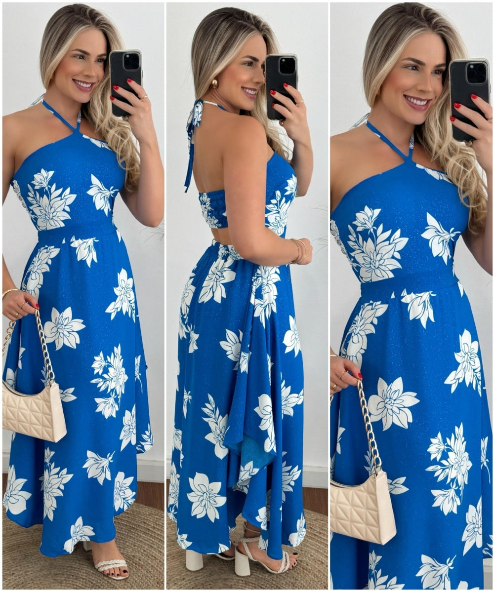 Vestido de tirantes finos con cuello halter y estampado digital personalizado para vacaciones en el sudeste asiático