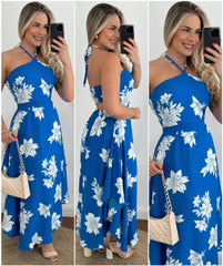 Vestido de tirantes finos con cuello halter y estampado digital personalizado para vacaciones en el sudeste asiático