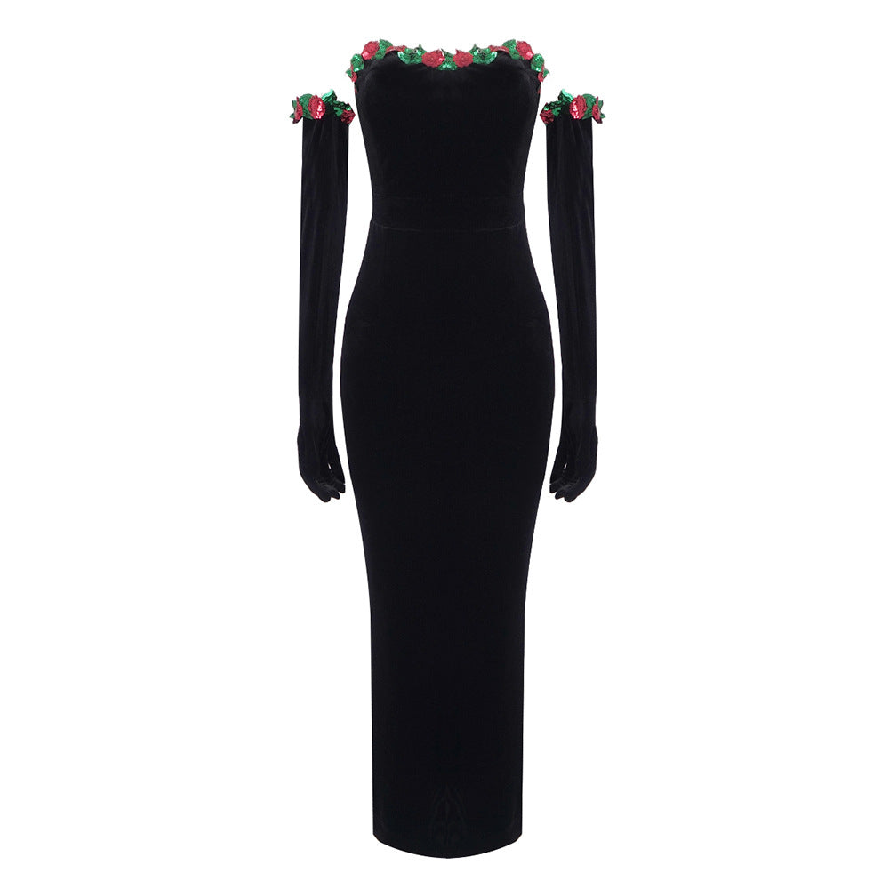 Floral Sequin Lace Decoration Velvet Dress Dress with Gloves