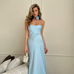 Floral Halter Collar Backless Lace Up Split Sling Dress