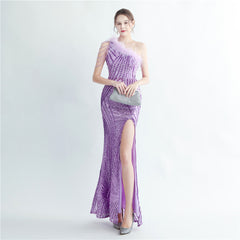 High Density Lamination Sequin Craft Order Ostrich Hair Beaded Oblique Shoulder High End Evening Dress