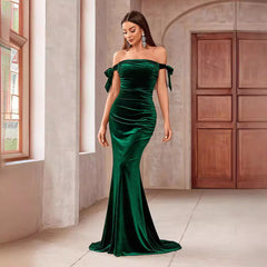Plus Size Elegant off Shoulder Small Tail Slim Fit Solid Color Cocktail Evening Dress