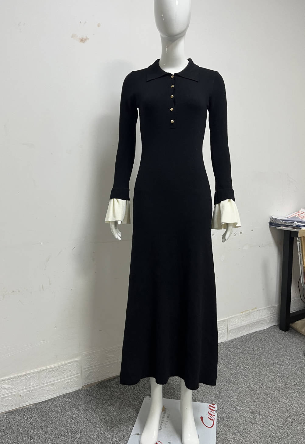 Dehaired Angora Covering Yarn Slimming Patchwork Long Sleeved Knitted Maxi Dress