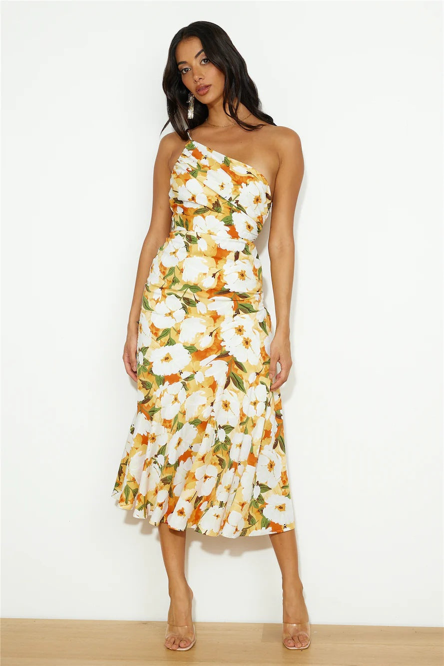 Diagonal Collar Strap Fishtail Printing Dress