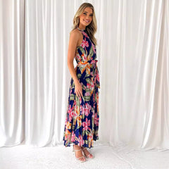 Large Swing Dress Vacation Sleeveless Lace Printing Halter