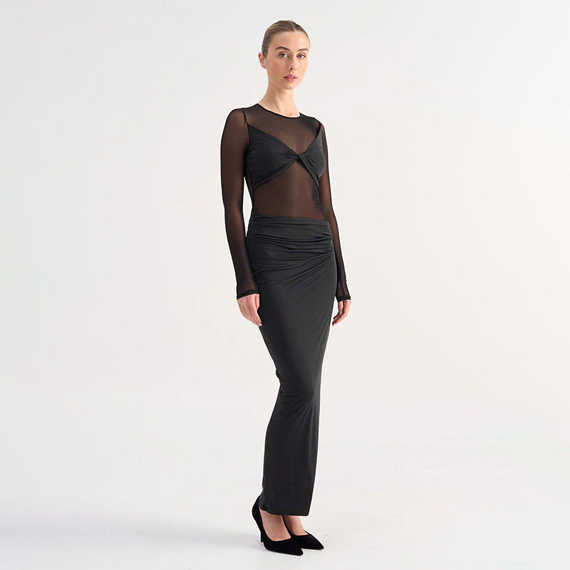 Mesh Stitching Sheer Long Sleeve Maxi Dress