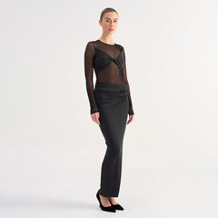 Mesh Stitching Sheer Long Sleeve Maxi Dress